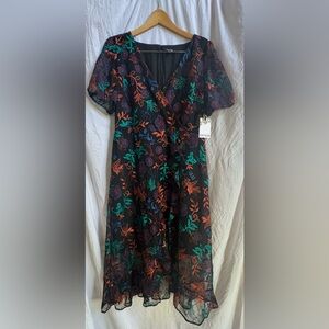 Macy's Black Floral Midi Dress with Green and Orange Embroidery